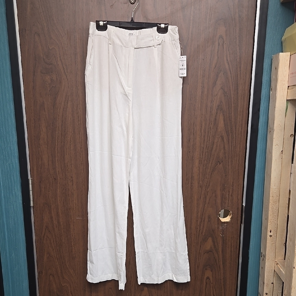 Ardene Size M White Linen Blend High Rise Straight Leg Trouser Pants